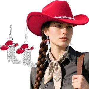 Women's Red Western with Braided Band Buckle Classic Fedora Cowboy Felt Hat
